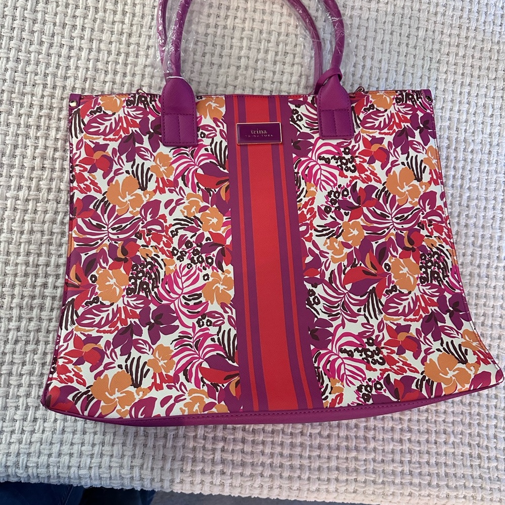 Trina Turk Pink and Orange Floral Tote Bag with Bold Stripe